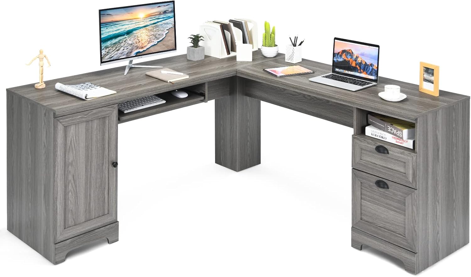 Brown L-Shaped Corner Computer Desk with Drawers and Storage Cabinet J35485