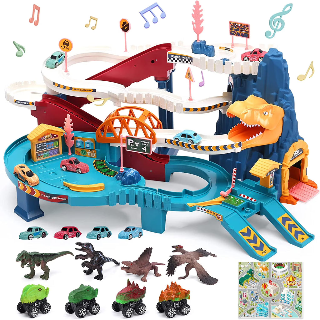 Blue Dinosaur Race Track Playset with 4 Mini Cars & 4 Dino W336