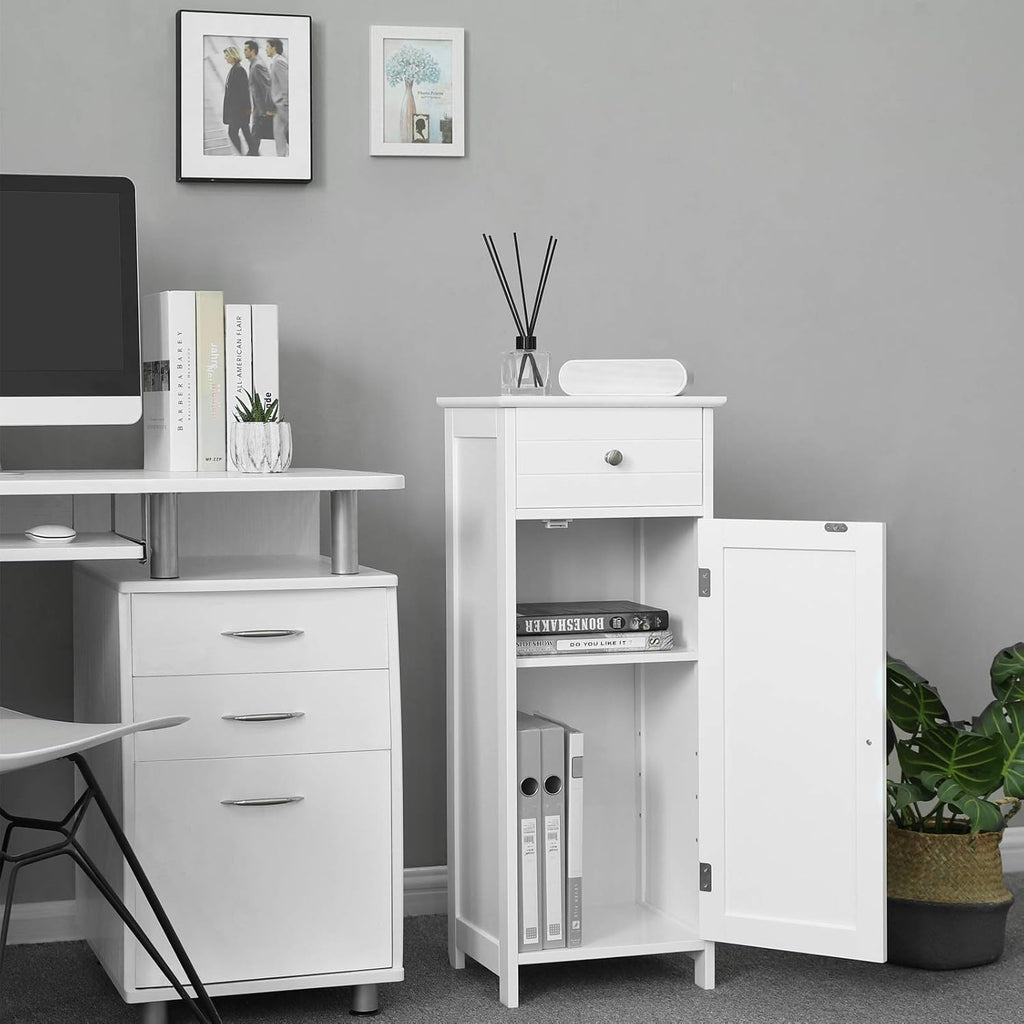 White Wooden Bathroom Floor Cabinet with Drawer and Adjustable Shelf O497785