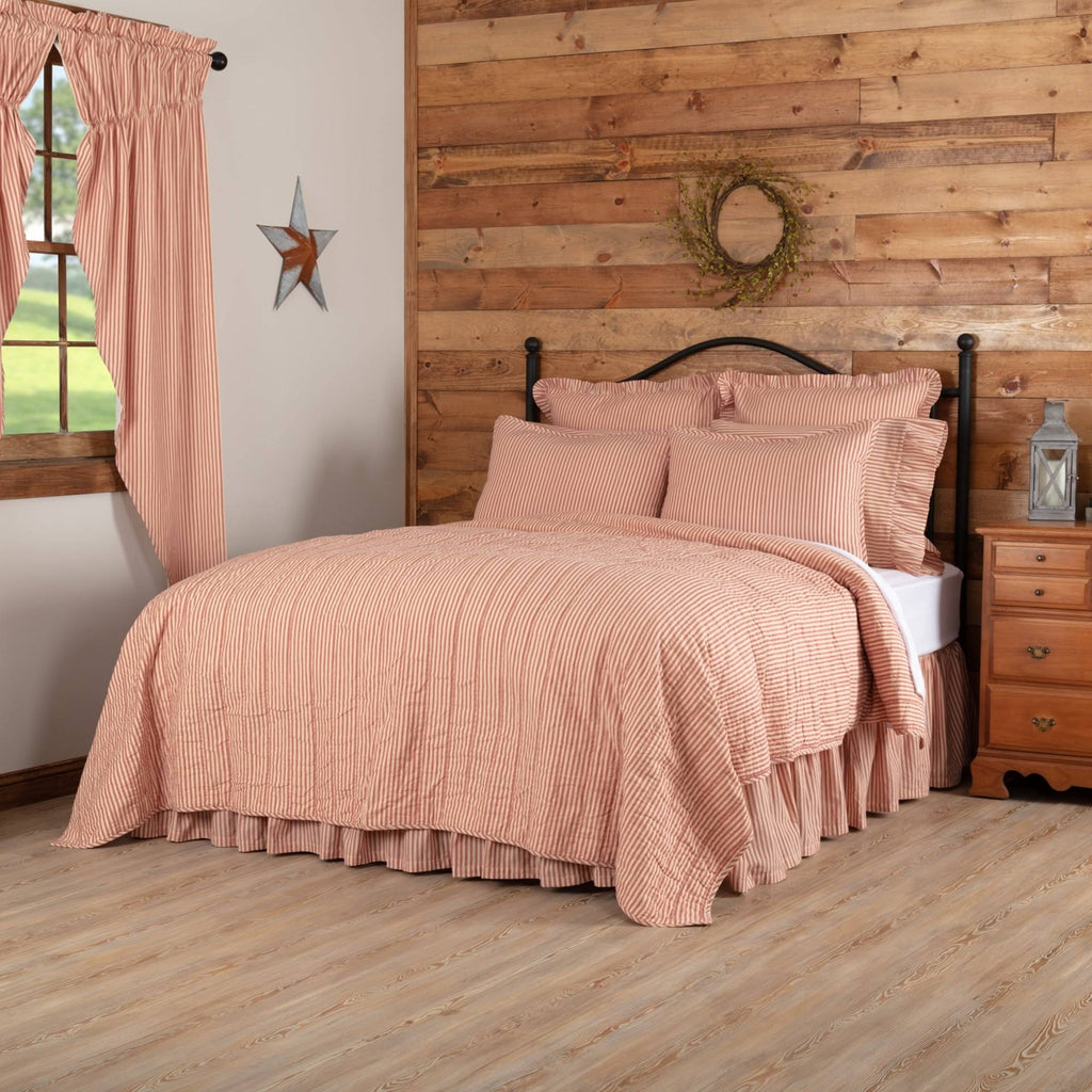 Red Ticking Stripe California King Quilt Coverlet X5743