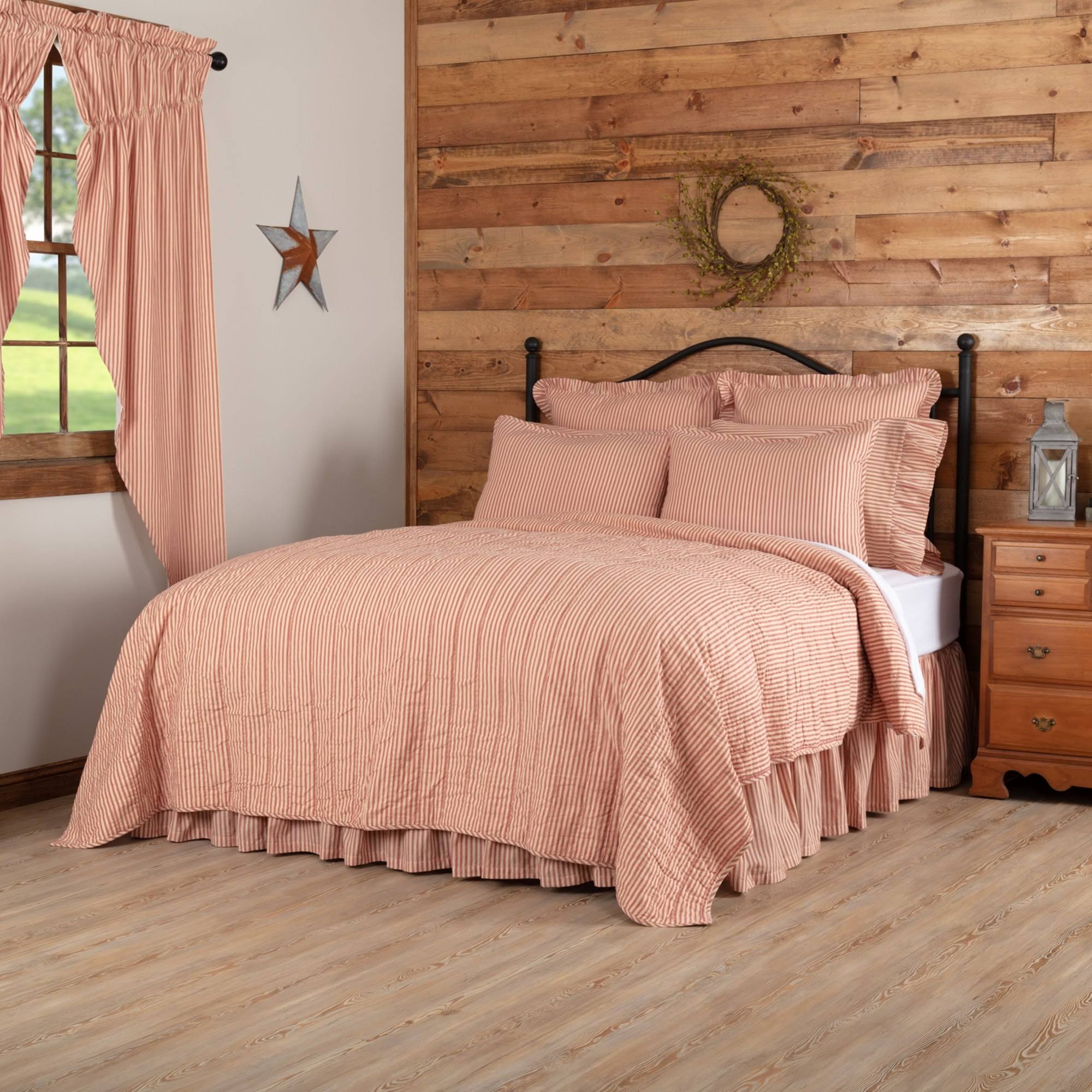 Red Ticking Stripe California King Quilt Coverlet X5743