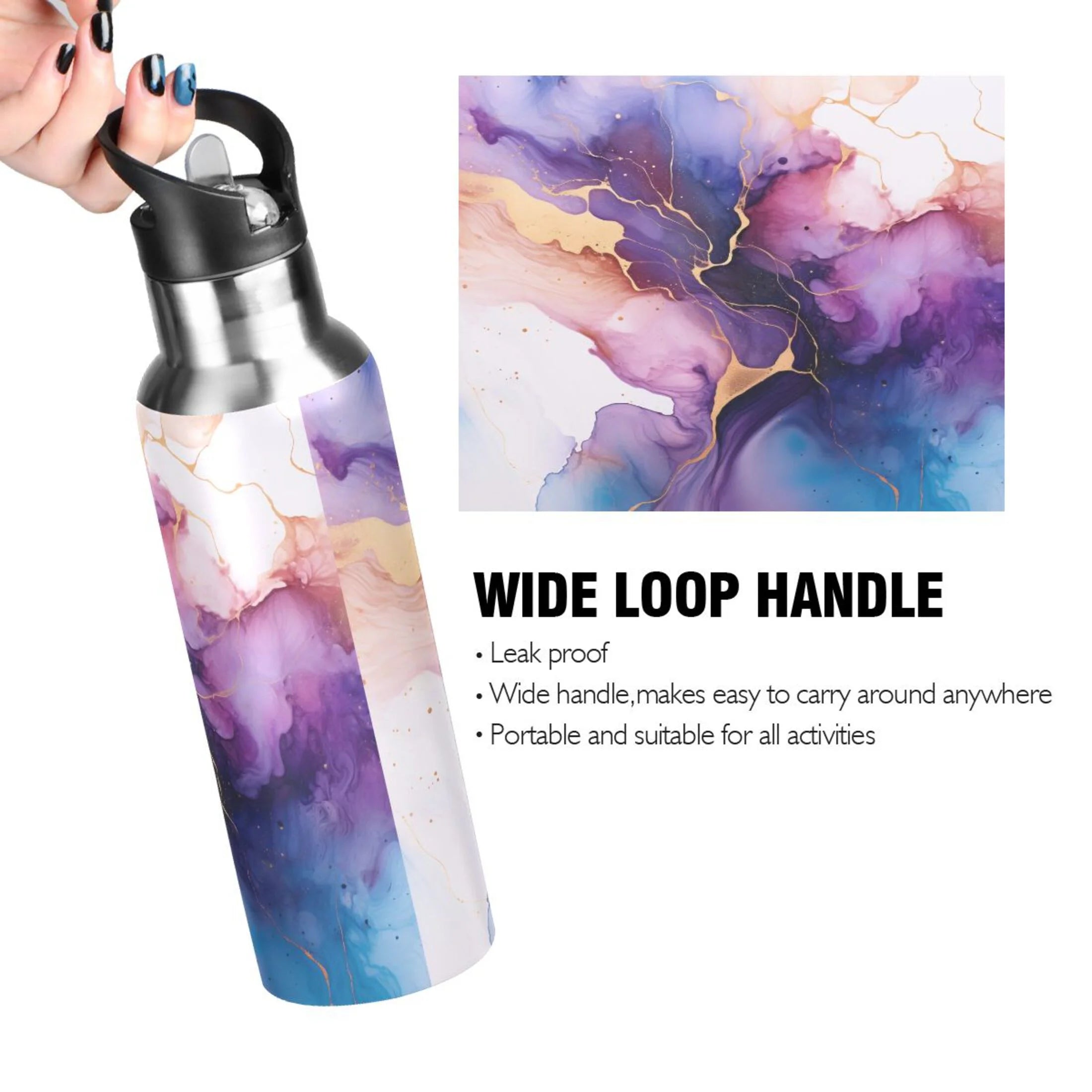 Purple and Blue Marble Stainless Steel Insulated Water Bottle with Straw Lid H7318
