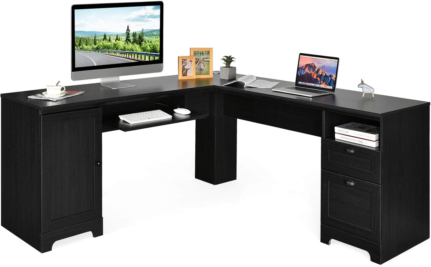 Brown L-Shaped Corner Computer Desk with Drawers and Storage Cabinet J35485