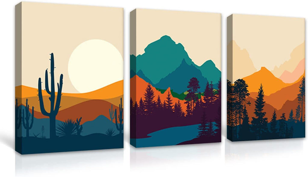 Boho Desert Cactus Landscape Framed Painting Set of 3 12x16 T7507