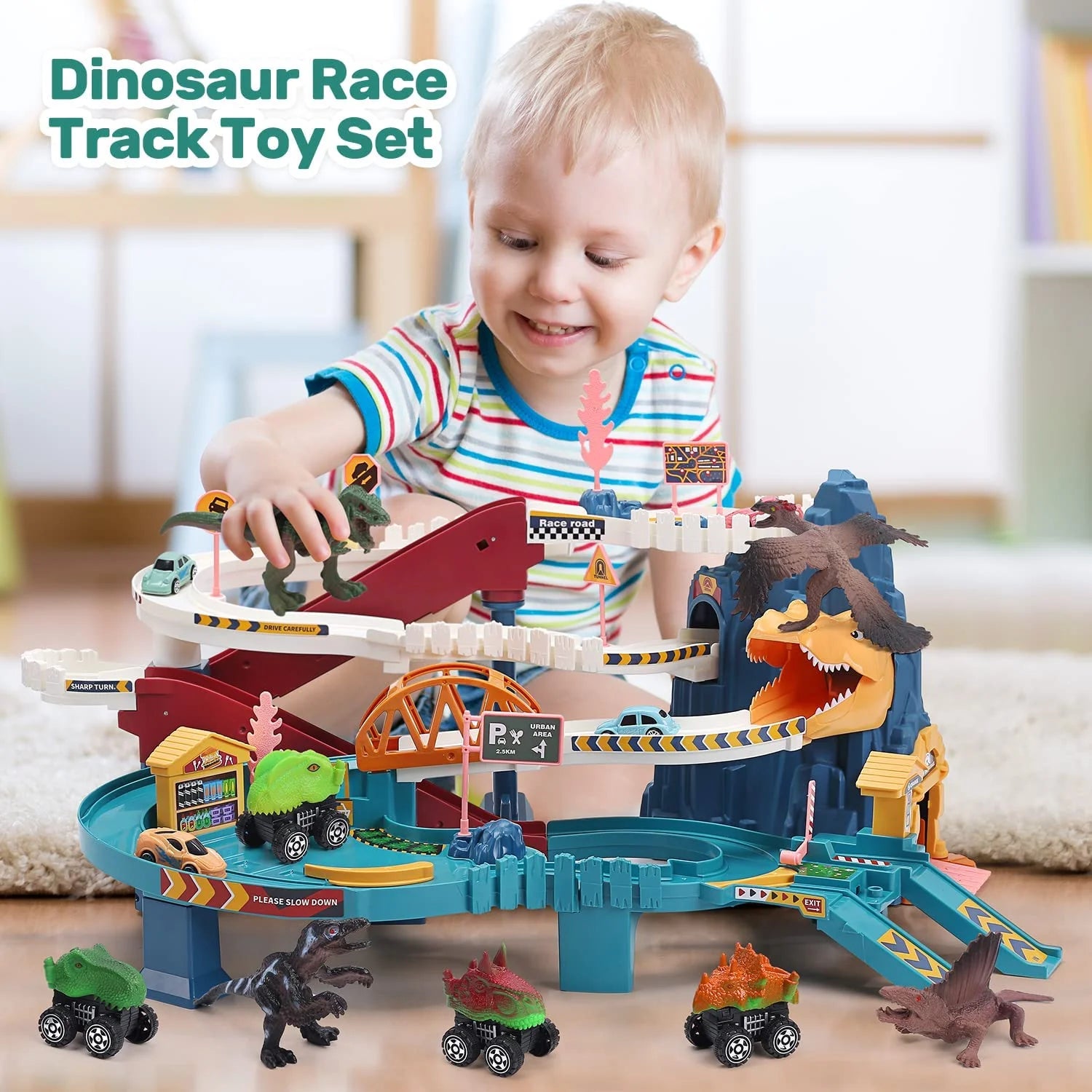 Blue Dinosaur Race Track Playset with 4 Mini Cars & 4 Dino W336