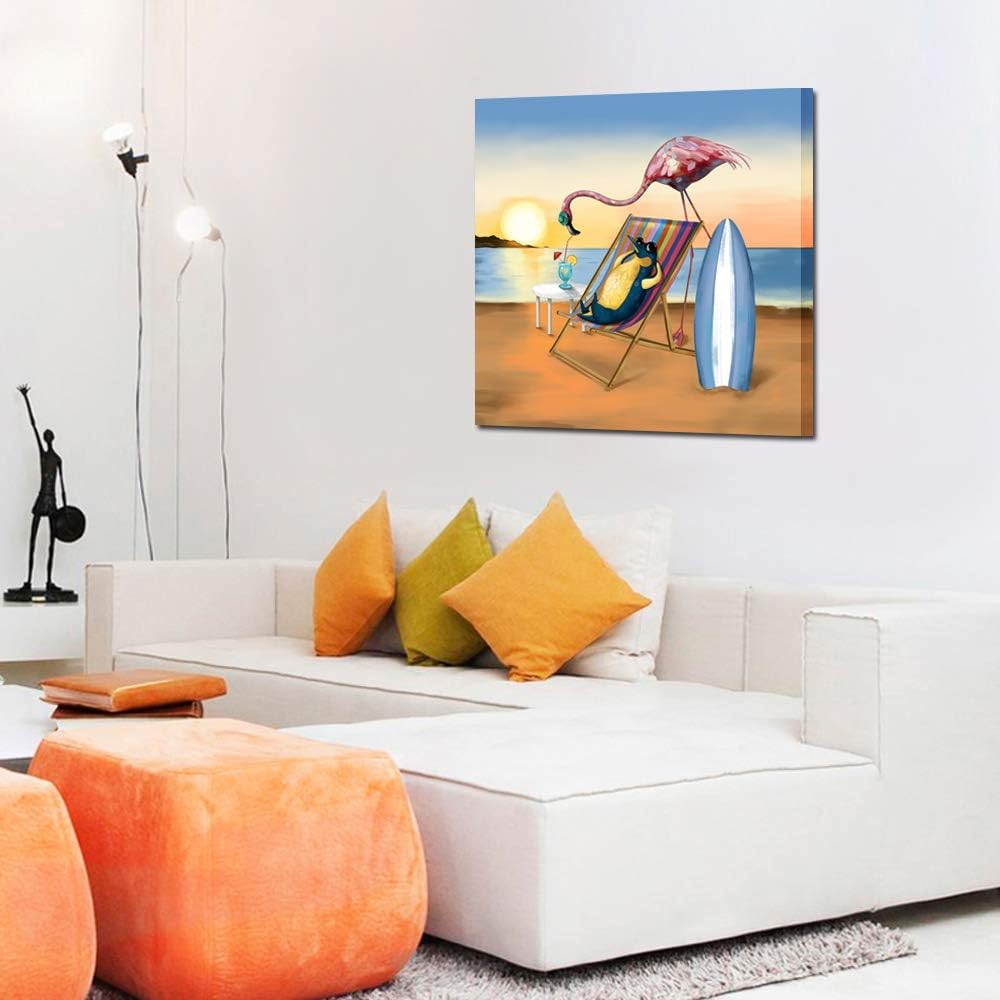 Funny Animal Flamingo and Penguin on Beach Vacation Canvas Prints Painting with Stretched Frame Wall Art 24x24inch M887359