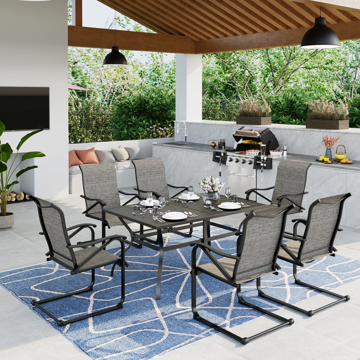 7-Piece Outdoor Patio Dining Set with 6 Rocking Chairs and 1 Metal Table N451997